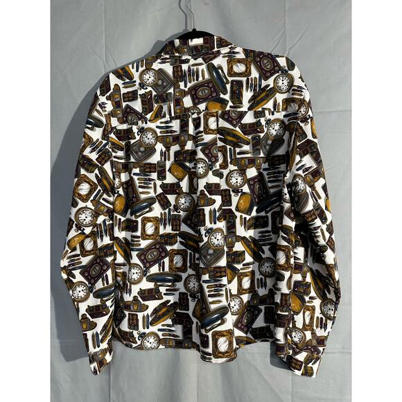 90s Vintage Top Womens Large Antiques Clocks Steampunk Button Up Shirt Eclectic - Picture 4 of 7
